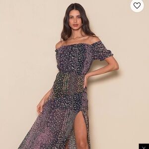 17. Lulus Neva Navy Blue Floral Print Off-the-Shoulder Maxi Dress